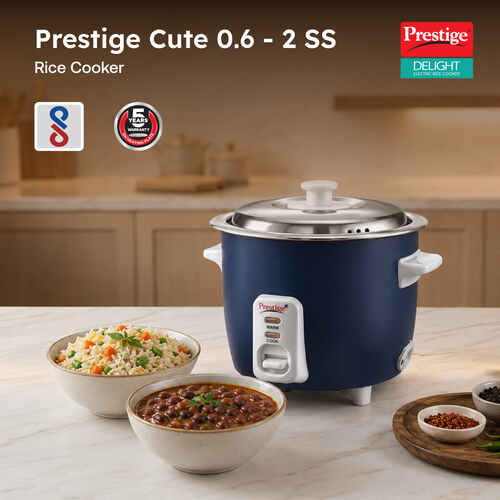 Prestige Cute 0.6-2 SS 300W Open Type|Stainless Steel Cooking Pan 2U|Cool Touch Handles Electric Pressure Cooker (0.6 L, Dark Blue)
