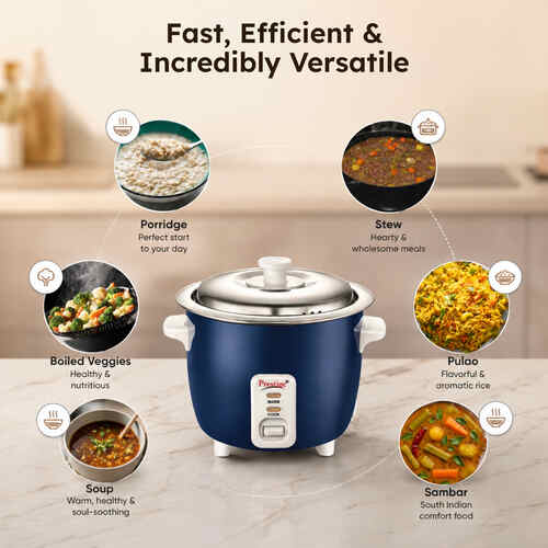 Prestige Cute 0.6-2 SS 300W Open Type|Stainless Steel Cooking Pan 2U|Cool Touch Handles Electric Pressure Cooker (0.6 L, Dark Blue)