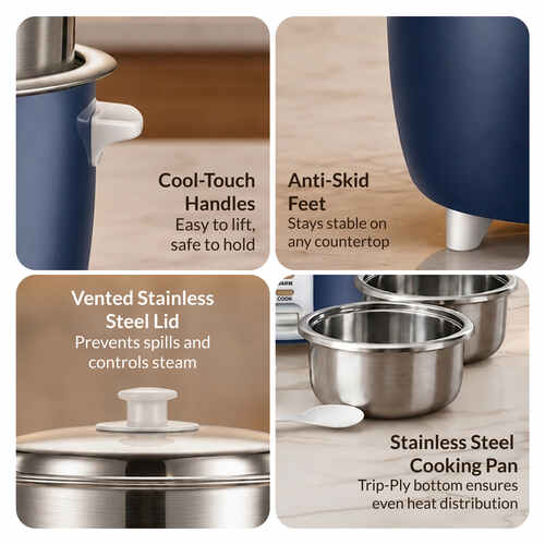 Prestige Cute 0.6-2 SS 300W Open Type|Stainless Steel Cooking Pan 2U|Cool Touch Handles Electric Pressure Cooker (0.6 L, Dark Blue)
