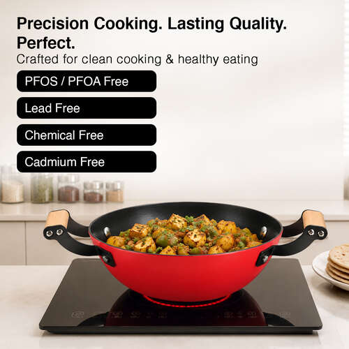 Prestige Castlite Enamel Coated Cast Iron Kadai 24cm/ 2.3L with Glass Lid | Lightweight, High Heat Retention | Gas & Induction Compatible | Low-Oil Cooking | Wooden Handles | Easy Clean |15Y Warranty