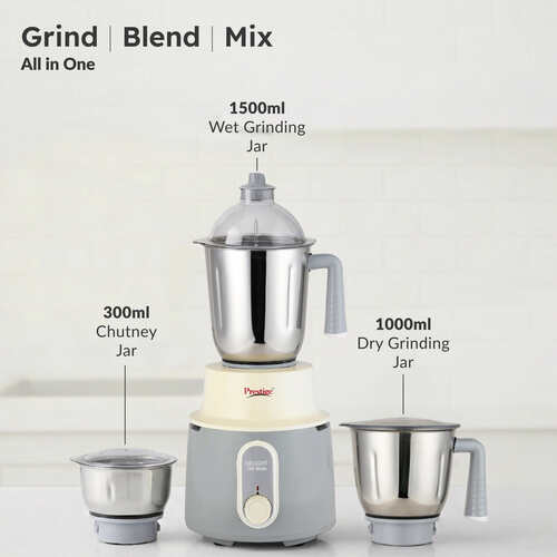 Prestige Delight 750 W Mixer Grinder, 3 Stainless Steel Jars (1500 ml, 1000 ml, 300 ml) (Charcoal Grey)