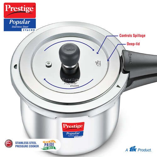 Prestige Svachh Popular Spillage Control Stainless Steel Pressure Cooker, (Silver) | Gas and Induction Compatible