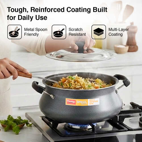 Prestige Omega Select Plus Teflon Non-stick Coated Senior Handi with Stainless Steel Lid and Scrubber for Non-Stick Cookware, 23cm (Black)