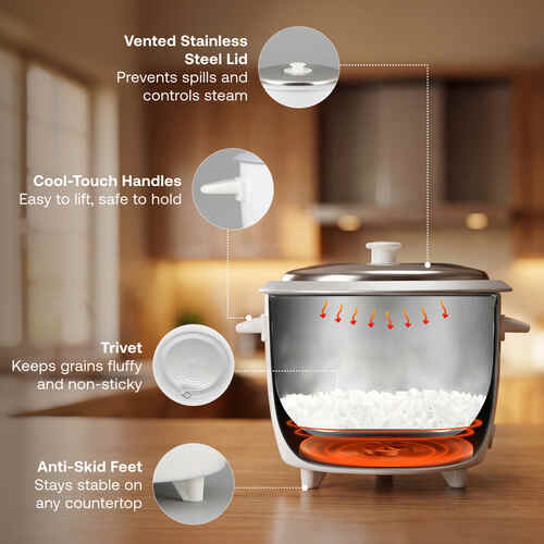 Prestige Delight PRWO-1.5-2 Double Pot Electric Rice Cooker(1.5L for Rice-Open Type, White, with Aluminium Cooking Pan-2 units 3.5 L pan Volume, 500 W)
