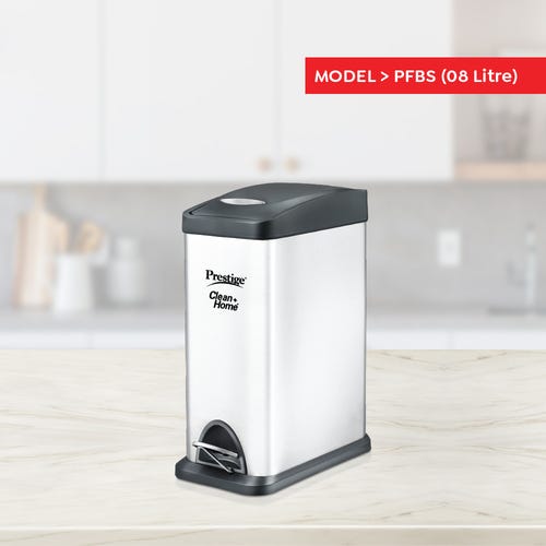 Prestige CleanHome PFBS Single Flip Bin with Plastic Lid, 8 L (Silver)
