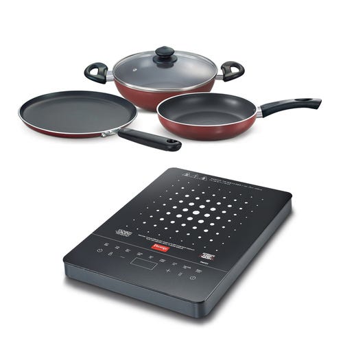 Prestige Swish 2000W Easy Store Design Induction Cooktop (Black) with Omega Deluxe Induction Compatible Non-stick Kitchen Set 3 Pcs BYK, Maroon
