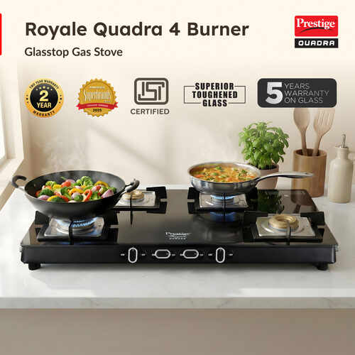 Prestige Royale Quadra 4 Burner Glasstop Glass Stove|Superior Toughened Glass with 5-Year Warranty| 3-Way Nozzle Design|Tri-Pin Jumbo Burner |Uniquely Designed Pan Support |Elegantly Designed Knobs