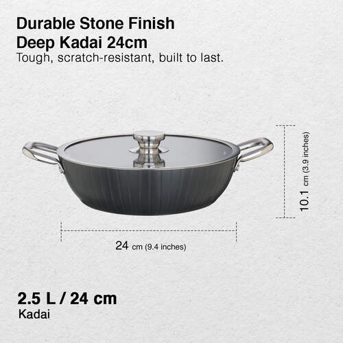 Prestige Durastone Hard Anodised 6 Layer Non-Stick Kadai with Glass Lid, (24 cm, 2.5 Litre) (Black)