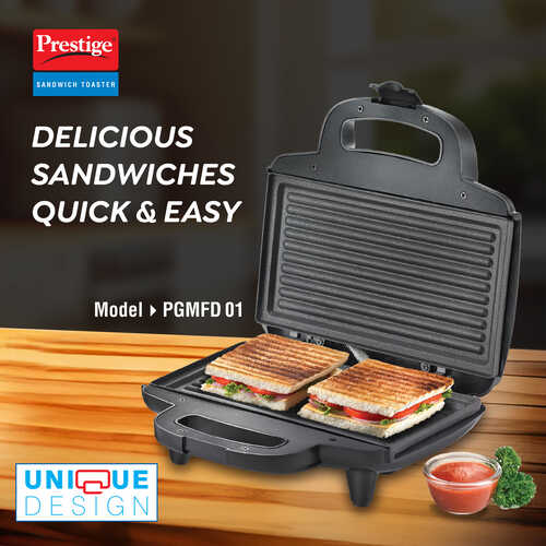 Prestige PGMFD 800 Watt Grill Sandwich Toaster | Non-Stick Grill Plates | Heat Resistant Bakelite Body | Auto Cut Off | Power & Ready Indicators | Easy to Clean | Black | 1Y Warranty | ISI Certified