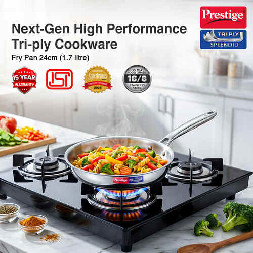 Prestige 24cm/1.7L Tri-Ply Stainless Steel Splendid Fry Pan| Gas and Induction Compatible |Even Heat Distribution| Thick Gauge Tri-Ply Body| 15 Year Warranty
