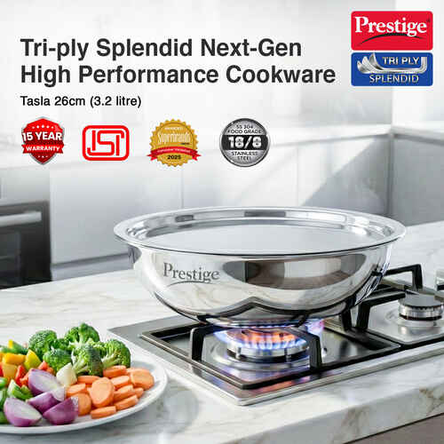 Prestige 26cm/3.2L Tri-Ply Stainless Steel Splendid Tasla with Lid|Gas and Induction Compatible|Even Heat Distribution| Thick Gauge Tri-Ply Body|15 Year Warranty
