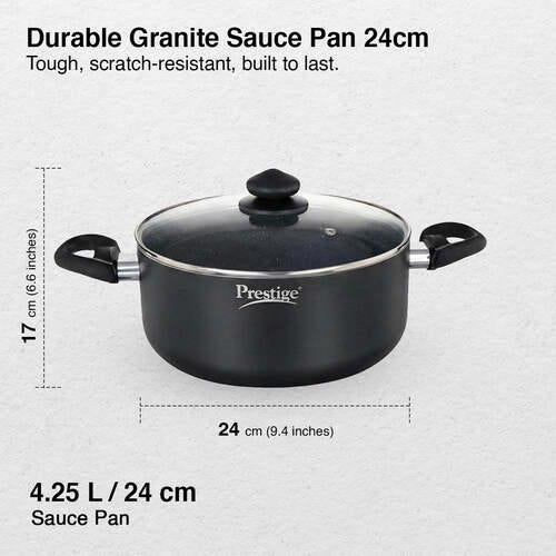 Prestige Omega Deluxe Granite Non-stick Round Base Sauce Pan with Glass Lid, 24cm, 4.25 L (Black)