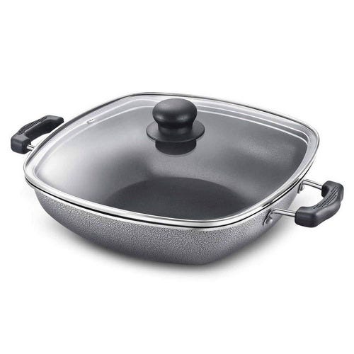 Prestige Omega Select Plus Aluminium Non-stick Coating Square Base Kadai with Glass Lid, 27cm, 4.0 L (Black)