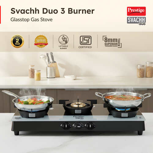 Prestige Svachh Duo Toughened Glasstop Gas Stove with Liftable 3 Burners (Black) - GTSD 03