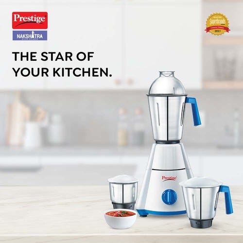 Prestige 550 Watts Nakshatra Mixer Grinder with 3 Stainless Steel Jars|3 Dome Lid| 3 Super Efficient Blades|Sturdy Handles