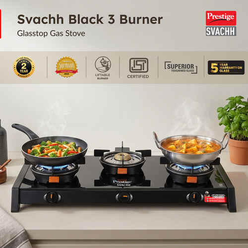 Prestige Svachh Glass Top Gas Stove (3 Burners) with Liftable Burners - GTSB-03