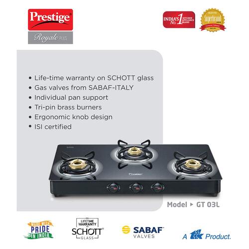 Prestige Royale Plus GT03L Manual Powder Coated 3 Burners Gas Stove, Black