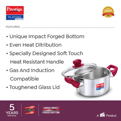 Prestige Platina Popular Stainless Steel Unique Impact Forged Bottom Casserole with Glass Lid - Silver