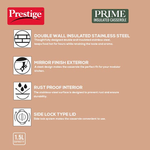 Prestige Prime Stainless Steel Insulated Casserole, 1.5 Litre, 19.6 cm - Silver