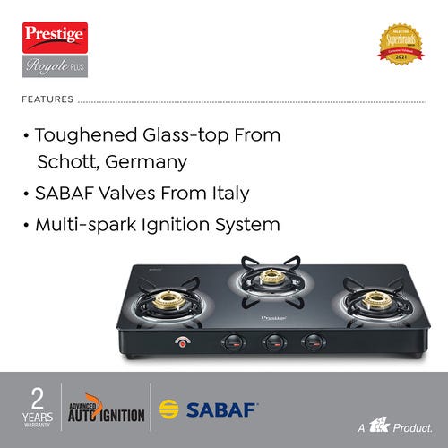 Prestige Royale Plus GT 03L AI Auto Ignition Powder Coated 3 Burners Gas Stove, Black