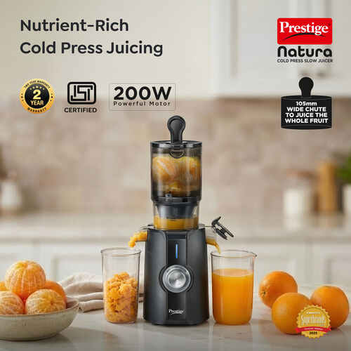 Prestige Natura 200W Cold Press Slow Juicer | 105mm Wide Chute | Interlocking Safety  | Reverse Function | Juice and Pulp Collectors | Quiet Operation | Easy to Clean | Black | 2 Year Warranty