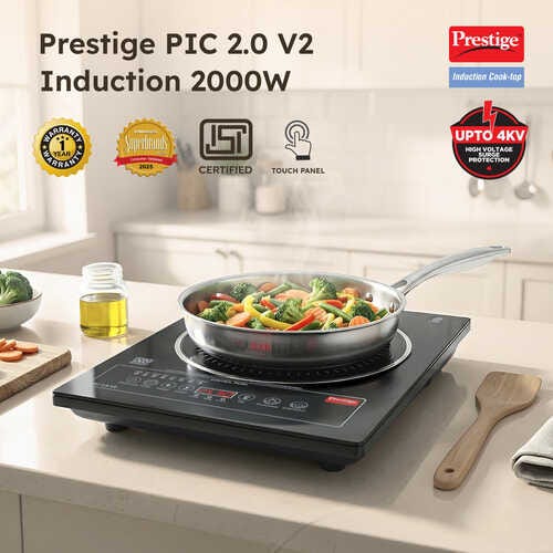 Prestige PIC 2.0 V2 Induction Cooktop 2000W with Indian Menu Options (Black)