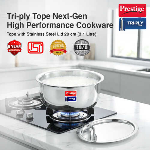 Prestige 20cm/3.1L Tri-Ply Stainless Steel Tope with Lid|Gas and Induction Compatible| Even Heat Distribution|Strong and Durable| 5 Years Warranty