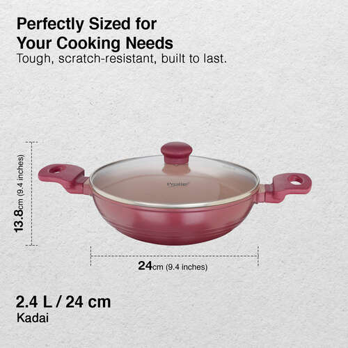 Prestige 24cm/2.4 Litre Omega Die-Cast Non-Stick Kadai with Glass Lid | 3-Layer Coating | Die-Cast Body | Metal Spoon Friendly | Heavy Base | Pink