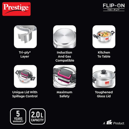PRESTIGE FLIP-ON TRI-PLY STAINLESS STEEL PRESSURE COOKER