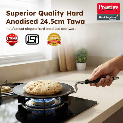 Prestige Hard Anodised Chapati Tawa 24.5 cm | Extra Thick Base (4.88 mm) | Gas & Induction Compatible | Metal Spoon Friendly | Stay Cool Handle | Wide Base | 2Y Warranty | ISI