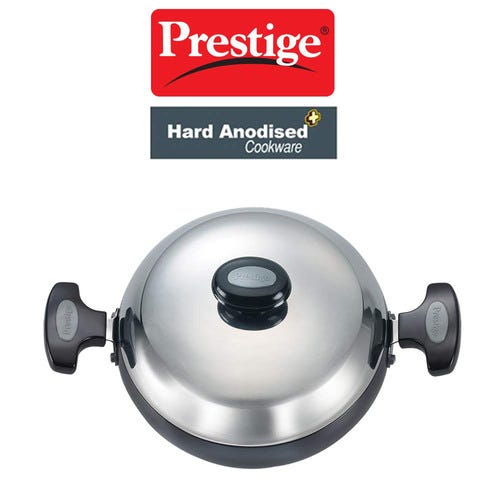 Prestige Hard Anodised Plus Gas and Induction Compatible Kadai with Lid, 24cm (Black)