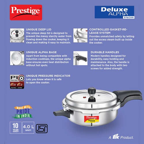 Prestige Deluxe Alpha Svachh Stainless Steel Pressure Cooker with Spillage Control Deep Lid - Silver