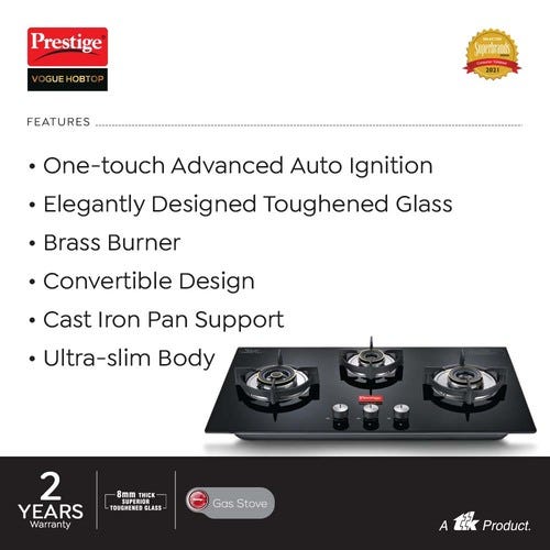 Prestige Vogue Auto Ignition Toughened Glass Hobtop (3 Burners) PHTV 03