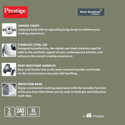 Prestige Hard Anodised Plus Gas and Induction Compatible Kadai with Lid, 24cm (Black)
