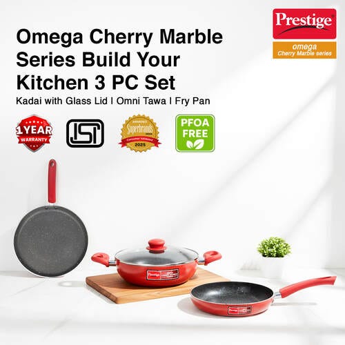 Prestige Aluminum Omega Cookware Set, 3-Piece, 1.5 Liters, Red
