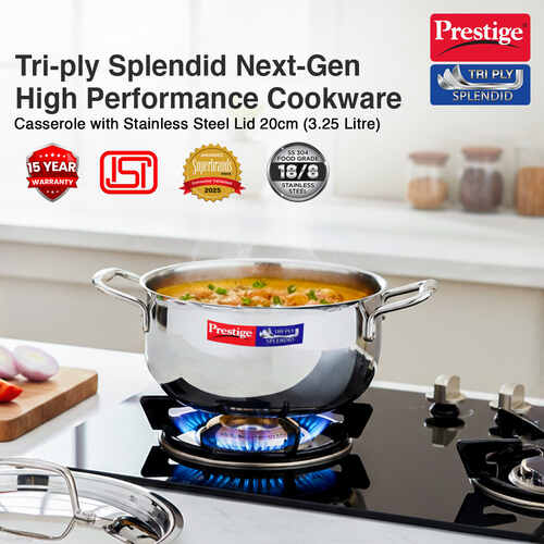Prestige 20cm/3.2L Tri-Ply Stainless Steel Splendid Casserole| Gas and Induction Compatible |Even Heat Distribution| Thick Gauge Tri-Ply Body| Perma Cool Handles| 15 Year Warranty