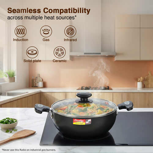 Prestige Hard Anodised Plus Gas and Induction Compatible Kadai with Glass Lid, Black