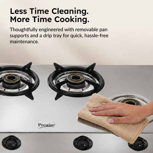 Prestige Perfect Plus 04B Designer Forged Brass Burners|Removable Spill Tray Stainless Steel Manual Gas Stove (4 Burners)