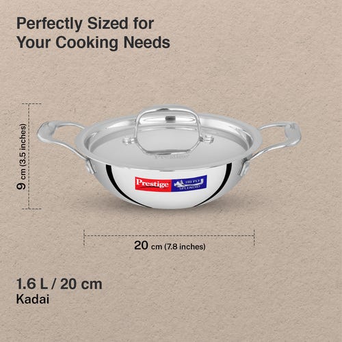 Prestige 20cm/1.6L Tri-Ply Stainless Steel Splendid Kadai with Lid|Gas and Induction Compatible|Even Heat Distribution| Thick Gauge Tri-Ply Body| Perma Cool Handles|15 Year Warranty
