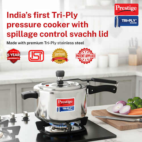 Prestige 3.5 L Tri-Ply Svachh Inner Lid Pressure Cooker| Gas and Induction Compatible| Spillage Control| Even Heat Distribution| Low Cooking Oil| Faster Cooking| 5 Years Warranty| Silver