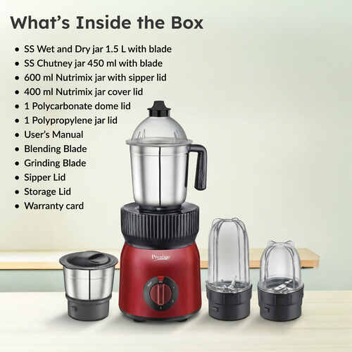 Prestige Fusion 4J 750 Watt Mixer Grinder with with 4 Jars (2 Stainless Steel + 2 Transparent) | Space-Saving Design | Extra Sipper & Storage Lid | Stainless Steel Blades | 2Y Warranty | ISI Certified