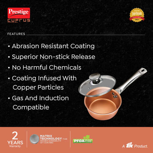 Prestige Cuprus Aluminium Gas and Induction Compatible Non-Stick Sauce Pan with Glass Lid, 16 cm, 1.1 L (Copper)