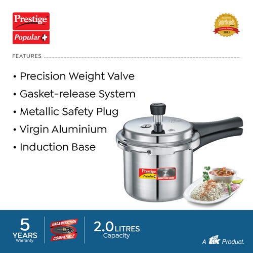 Prestige Popular Plus Virgin Aluminium Gas and Induction Compatible Pressure Cooker, 2 L (Tall) (Silver)