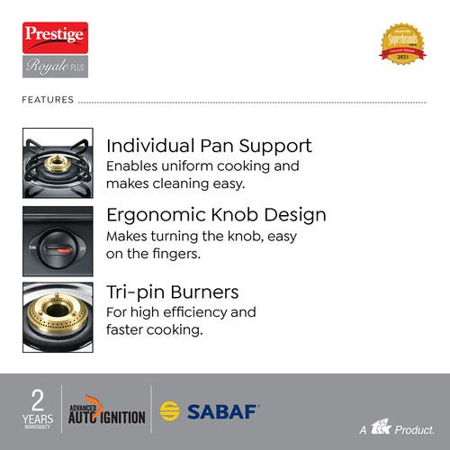 Prestige Royale Plus GT 03L AI Auto Ignition Powder Coated 3 Burners Gas Stove, Black