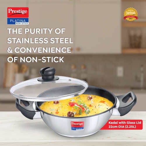 Prestige Platina Non-stick Stainless Steel Unique Impact Forged Bottom Kadai with Glass Lid (Silver)