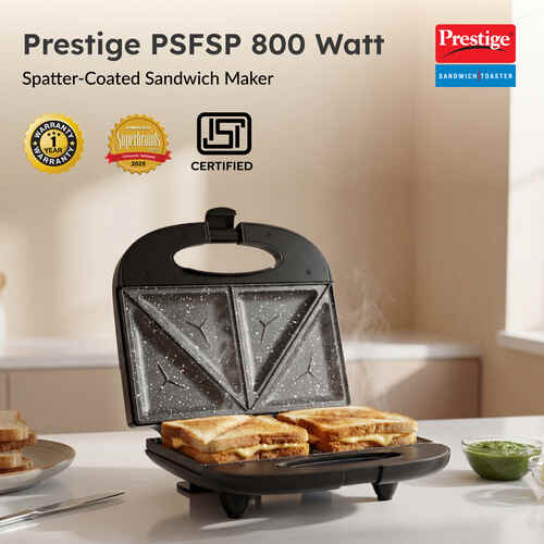 Prestige PSFSP - Spatter Coated Non-stick Sandwich Toaster with Fixed Sandwich Plate, Black