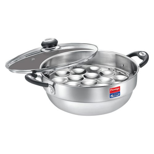Prestige Tri Ply Splendor Multi-Kadai Cookware with Glass Lid Kadai Dia 28 cm with Glass Lid – 1 Unit, Idli Plates – 2 Units, Mini Idli Plate – 1 Unit & Dhokla Plate – 1 Unit