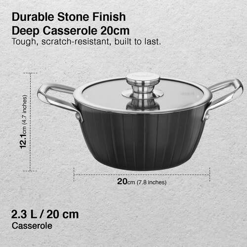 Prestige Durastone Hard Anodised 6 Layer Non-Stick Casserole with Glass Lid, (20 cm, 2.4 Litre) (Black)