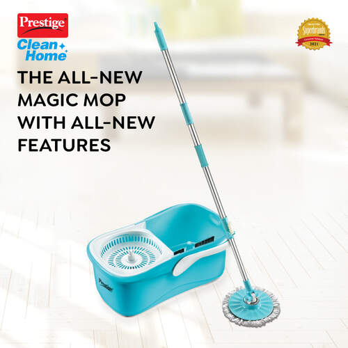 Prestige CleanHome PSB 05 Plastic Magic Mop with Two Mop Heads and Twin Bucket, 4.5L (Blue)