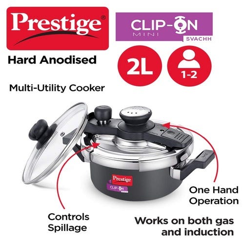 Prestige Clip-on Mini Svachh Hard Anodised Pressure Cooker with Glass Lid, (Black and Silver)